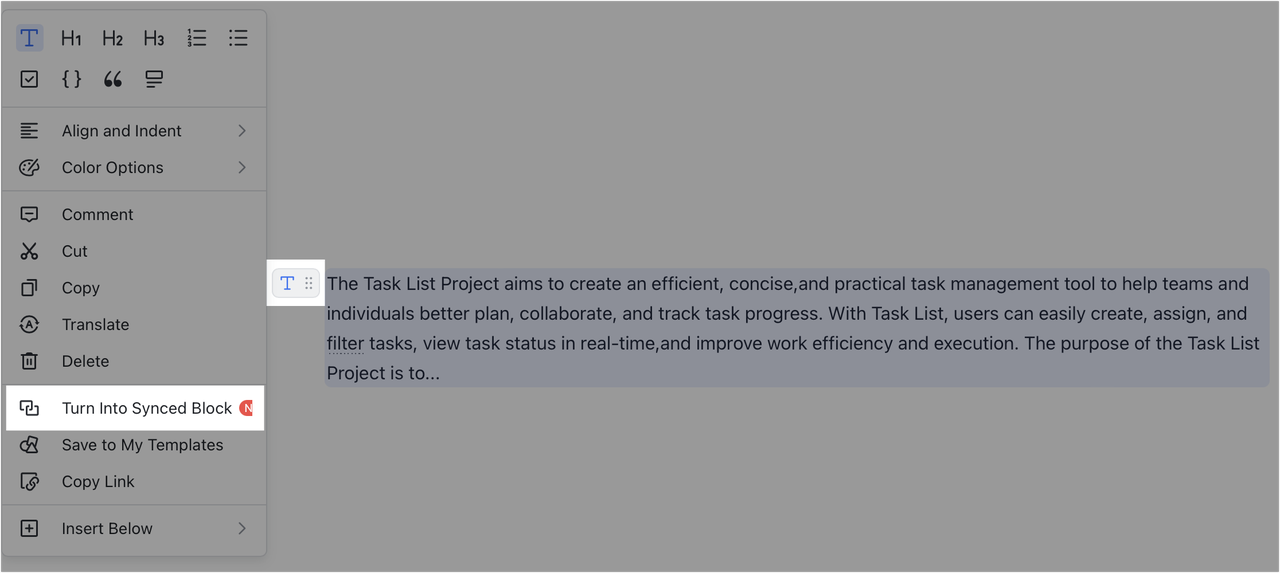 Chuyển đoạn văn bản có sẵn thành khối đã đồng bộ